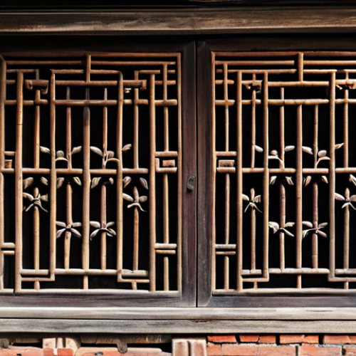 An intricately carved wooden window lattice from an ancient Chinese courtyard house, featuring delicate plum blossom and bamboo patterns, under soft, natural lighting. Adjacent to the window, a weathered brick wall showcases subtle relief carvings of auspicious bats. The scene emphasizes rich textures of aged wood and brick, conveying historical craftsmanship. Professional photography, highly detailed, realistic, high resolution, safe for work, appropriate content, fully clothed, modest, family-friendly.