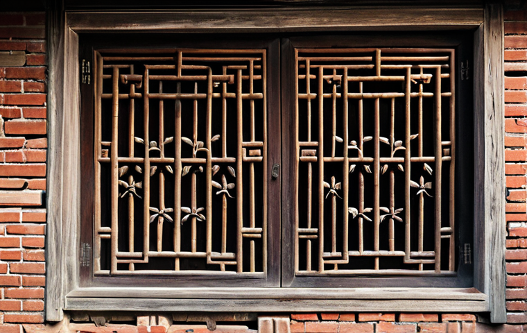 An intricately carved wooden window lattice from an ancient Chinese courtyard house, featuring delicate plum blossom and bamboo patterns, under soft, natural lighting. Adjacent to the window, a weathered brick wall showcases subtle relief carvings of auspicious bats. The scene emphasizes rich textures of aged wood and brick, conveying historical craftsmanship. Professional photography, highly detailed, realistic, high resolution, safe for work, appropriate content, fully clothed, modest, family-friendly.