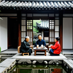 전통주택과 외부 환경 - **Traditional courtyard house:** A fully clothed family enjoys tea in a traditional Chinese courtyar...