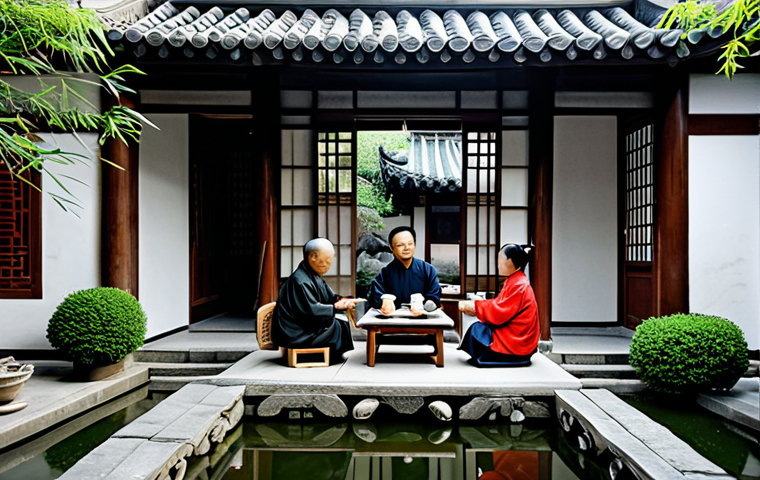 전통주택과 외부 환경 - **Traditional courtyard house:** A fully clothed family enjoys tea in a traditional Chinese courtyar...