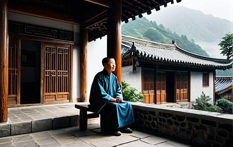 전통주택과 외부 환경 - **Traditional courtyard house:** A fully clothed family enjoys tea in a traditional Chinese courtyar...