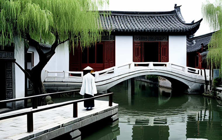전통주택과 외부 환경 - **Mountain village home:** A modest, fully clothed scholar sits on the porch of a traditional Chines...