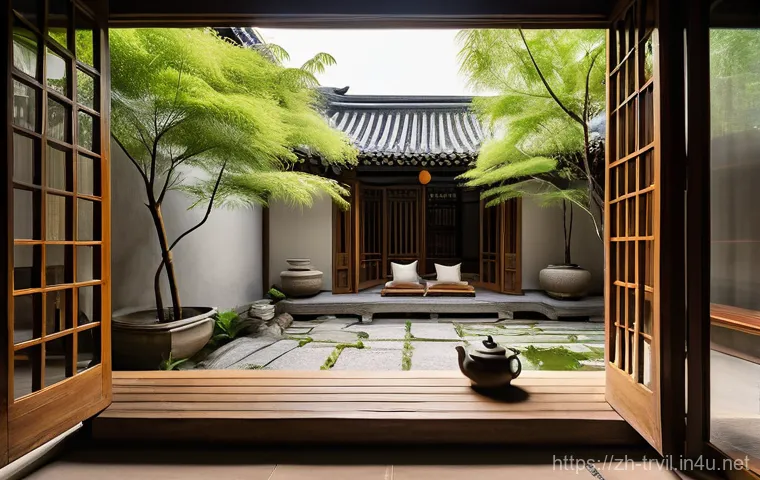 전통주택의 실용성 - **Prompt:** A tranquil and cool traditional Chinese courtyard home on a bright summer afternoon. Wid...