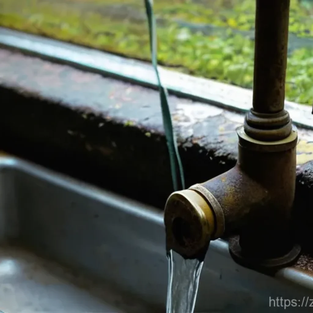 전통주택의 수돗물 처리 시스템 - **Prompt:** An atmospheric close-up of an old, heavily corroded galvanized water pipe, with layers o...