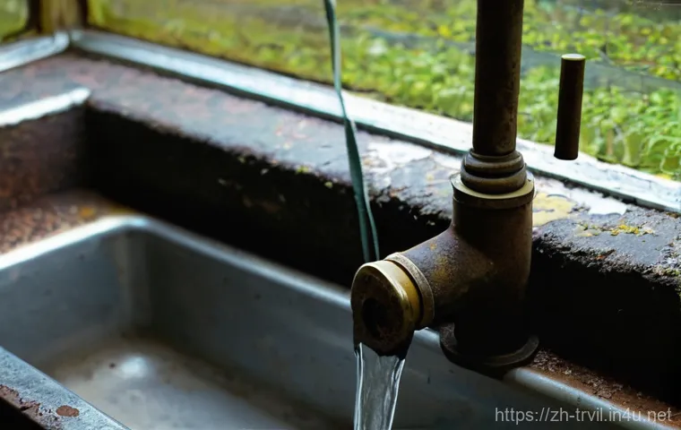 전통주택의 수돗물 처리 시스템 - **Prompt:** An atmospheric close-up of an old, heavily corroded galvanized water pipe, with layers o...
