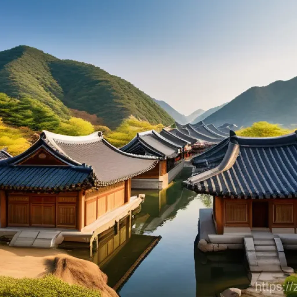 한국 전통 건축 - A serene panorama of a traditional Korean Hanok village or temple complex, harmoniously nestled with...