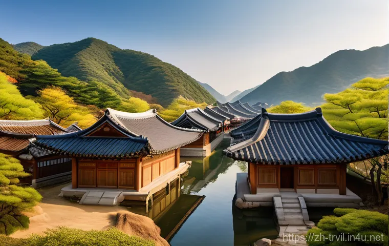 한국 전통 건축 - A serene panorama of a traditional Korean Hanok village or temple complex, harmoniously nestled with...