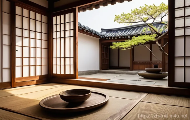 한국 전통 건축 - A detailed, eye-level view of the distinctive "flying eaves" (처마) of a grand Korean traditional pala...