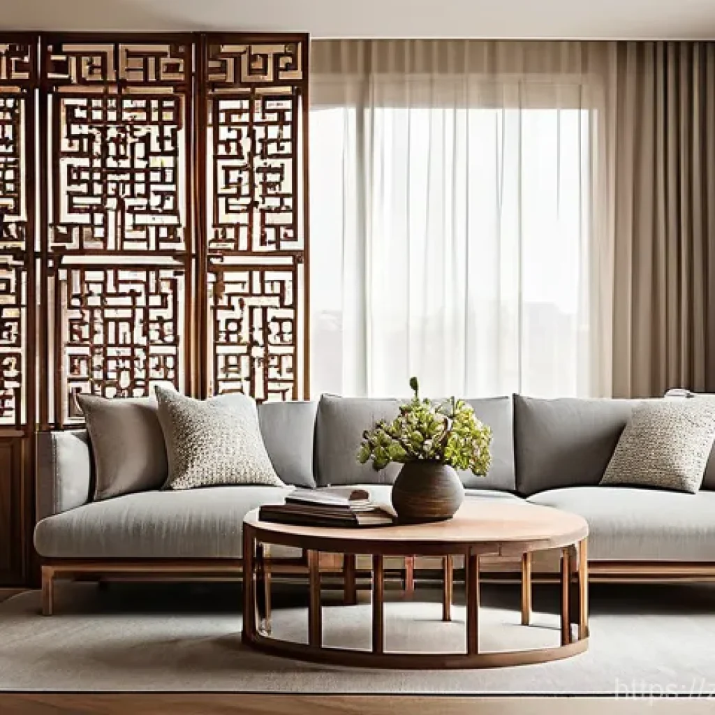 전통주택의 복도와 공간 디자인 - **Prompt for "Ancient Charm, New Life: Modern Living Room"**:
    "A serene and elegant living room ...