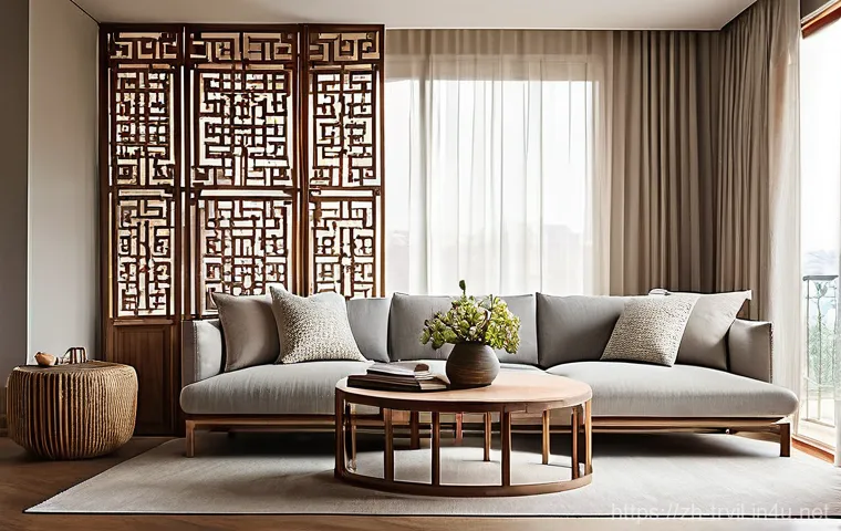 전통주택의 복도와 공간 디자인 - **Prompt for "Ancient Charm, New Life: Modern Living Room"**:
    "A serene and elegant living room ...