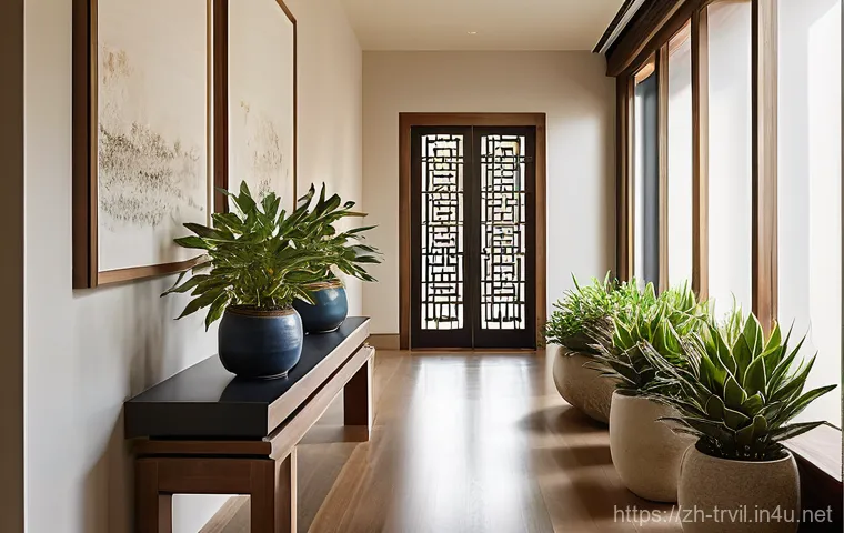 전통주택의 복도와 공간 디자인 - **Prompt for "Ancient Charm, New Life: Modern Living Room"**:
    "A serene and elegant living room ...
