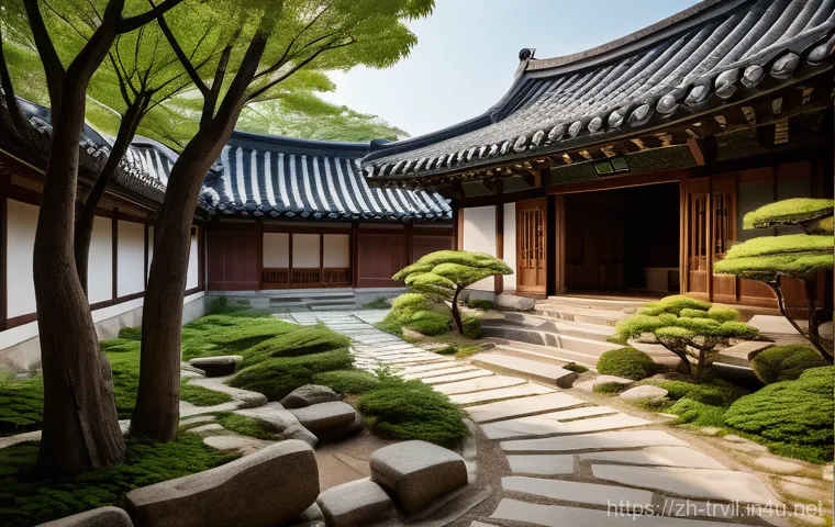 한옥 구조 - **Prompt:** A picturesque Hanok house, seen from a slightly elevated perspective, nestled harmonious...