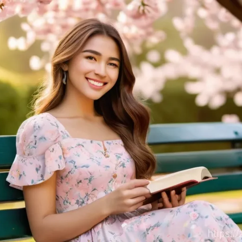 한옥의 기초공사 - A joyful young woman, approximately 20 years old, with long, wavy brown hair, is wearing a fashionab...