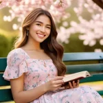 한옥의 기초공사 - A joyful young woman, approximately 20 years old, with long, wavy brown hair, is wearing a fashionab...