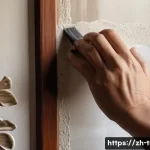 전통주택의 사소한 수리 - A close-up scene of a traditional Chinese-style interior wall showing fine surface cracks being repa...