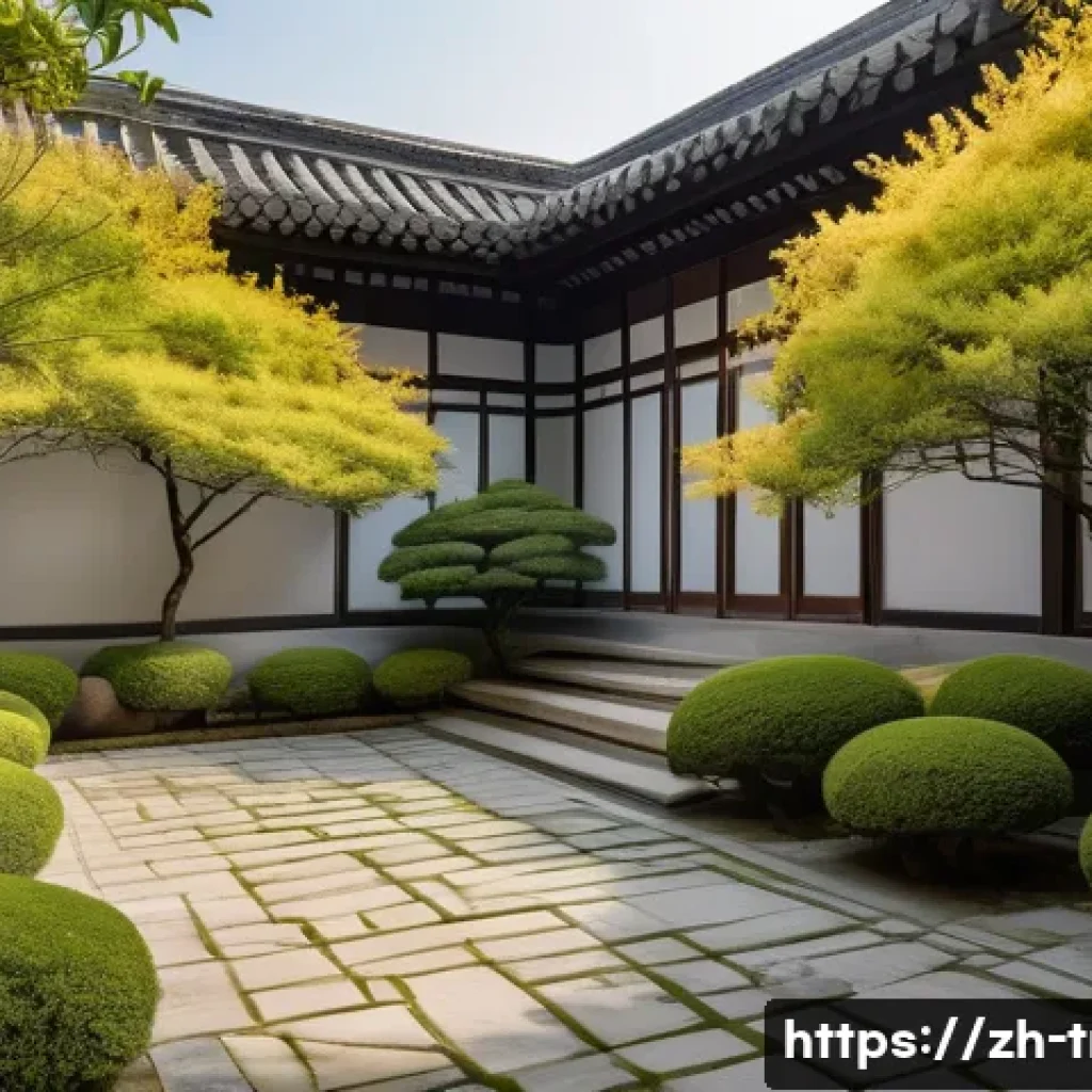 전통주택의 마당 정리 방법 - A serene traditional Chinese courtyard garden in a humid southern climate, featuring lush bamboo gro...