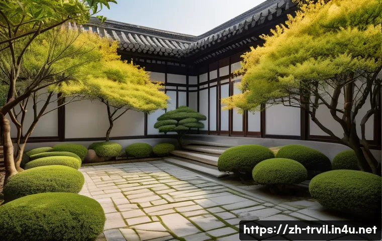 전통주택의 마당 정리 방법 - A serene traditional Chinese courtyard garden in a humid southern climate, featuring lush bamboo gro...