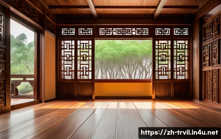 전통주택에서의 목재 사용 - A traditional Chinese wooden house interior showcasing robust pine and cedar beams with intricate mo...