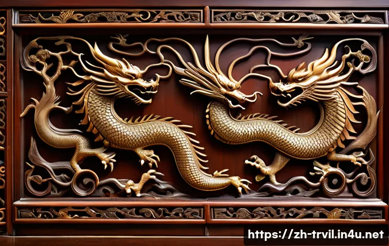 전통주택의 전통적인 장식 - A traditional Chinese wooden carved door panel featuring intricate dragon and phoenix motifs symboli...