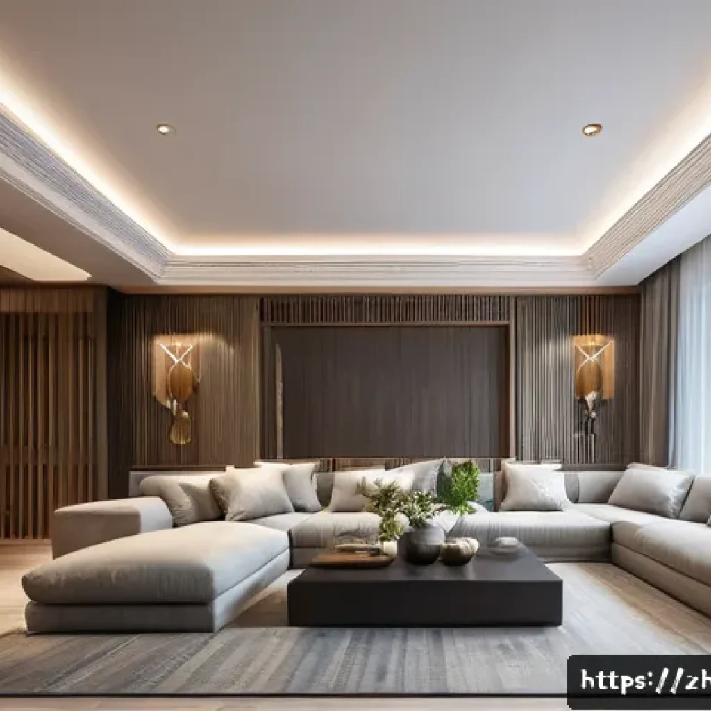 전통주택의 벽과 천장 - A modern living room interior showcasing a sophisticated blend of traditional hand-carved wooden wal...