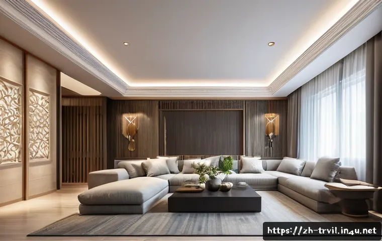 전통주택의 벽과 천장 - A modern living room interior showcasing a sophisticated blend of traditional hand-carved wooden wal...
