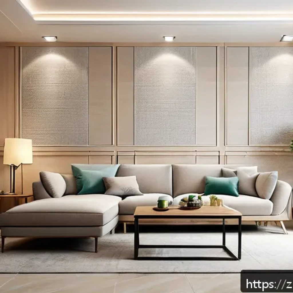전통주택의 벽지와 타일 - A modern living room interior showcasing a harmonious blend of light gray matte ceramic tiles on the...