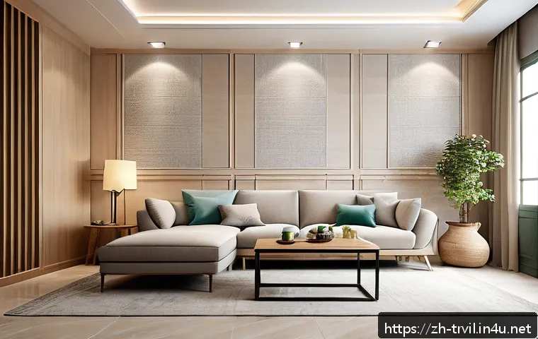전통주택의 벽지와 타일 - A modern living room interior showcasing a harmonious blend of light gray matte ceramic tiles on the...