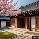 한옥과 한국 전통 문화 - A serene traditional Korean hanok house nestled in a lush garden during spring, showcasing intricate...