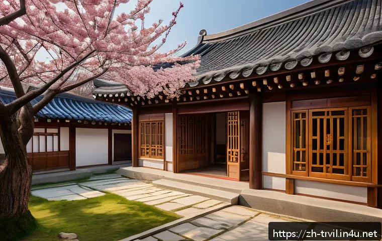 한옥과 한국 전통 문화 - A serene traditional Korean hanok house nestled in a lush garden during spring, showcasing intricate...