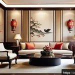 전통주택 내부 장식 - A modern living room interior blending classical Chinese decorative elements with contemporary desig...