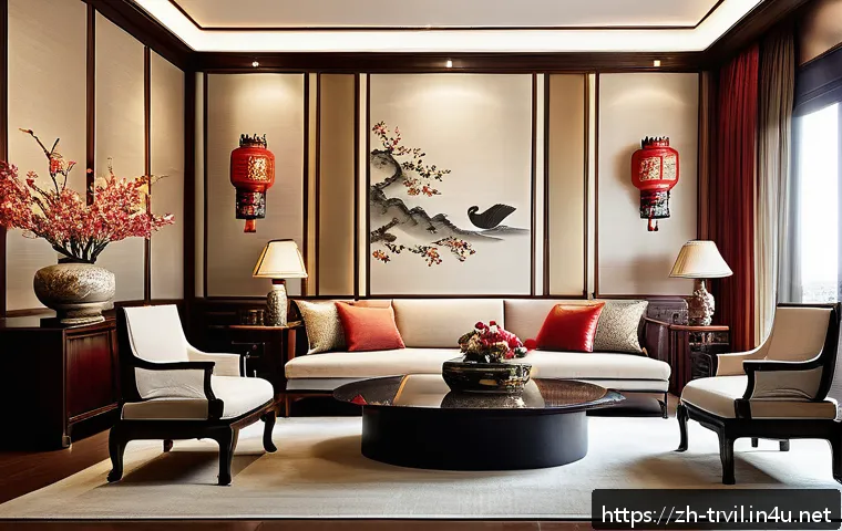 전통주택 내부 장식 - A modern living room interior blending classical Chinese decorative elements with contemporary desig...