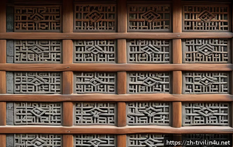 한옥의 벽돌 기법 - A traditional Korean hanok wall featuring intricately textured clay bricks with natural earthy tones...