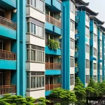 전통주택의 가격과 비용 - A modern Chinese urban residential neighborhood scene during daytime, showing mid-rise traditional a...