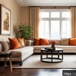 전통주택의 색상 조화 - A cozy and elegant living room interior featuring warm color tones: walls painted in soft camel beig...