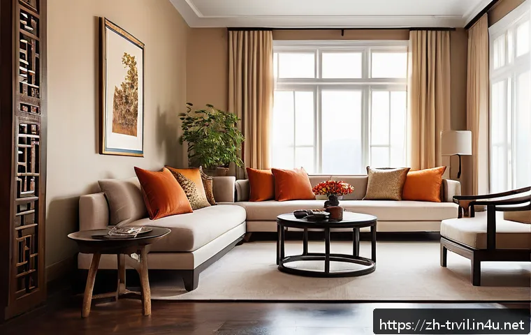 전통주택의 색상 조화 - A cozy and elegant living room interior featuring warm color tones: walls painted in soft camel beig...