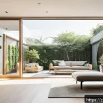 전통주택의 창문 종류 - A modern living room interior bathed in soft natural light streaming through large floor-to-ceiling ...