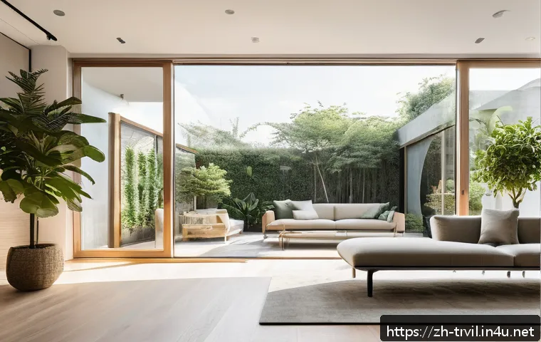 전통주택의 창문 종류 - A modern living room interior bathed in soft natural light streaming through large floor-to-ceiling ...