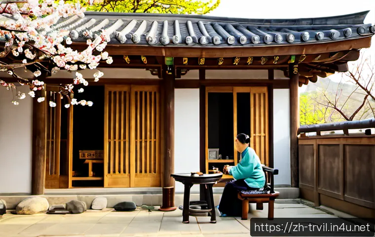 전통주택의 사계절 활용 - Photorealistic Korean traditional hanok courtyard in spring, traditional tiled roof and warm wooden ...