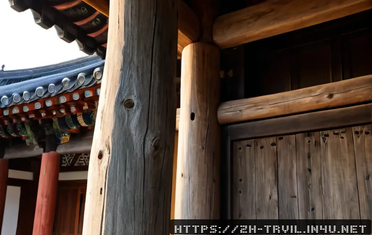 한옥의 기둥과 기단 - Photorealistic close-up of a traditional Korean hanok wooden pillar resting on a broad weathered sto...